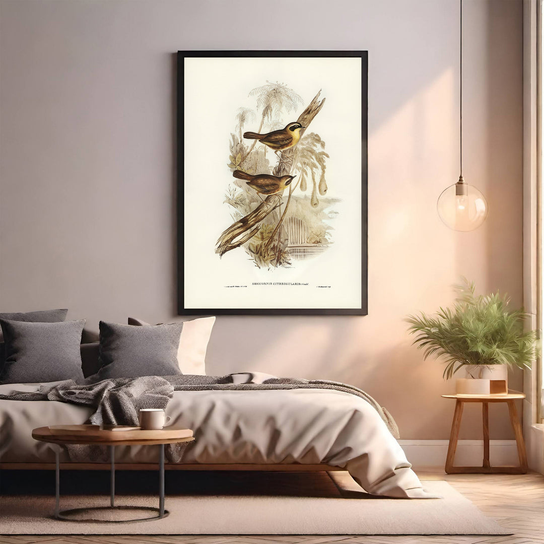 Wadi Home vintage bird illustration wall art featuring three yellow and brown birds perched on branches, framed in black.