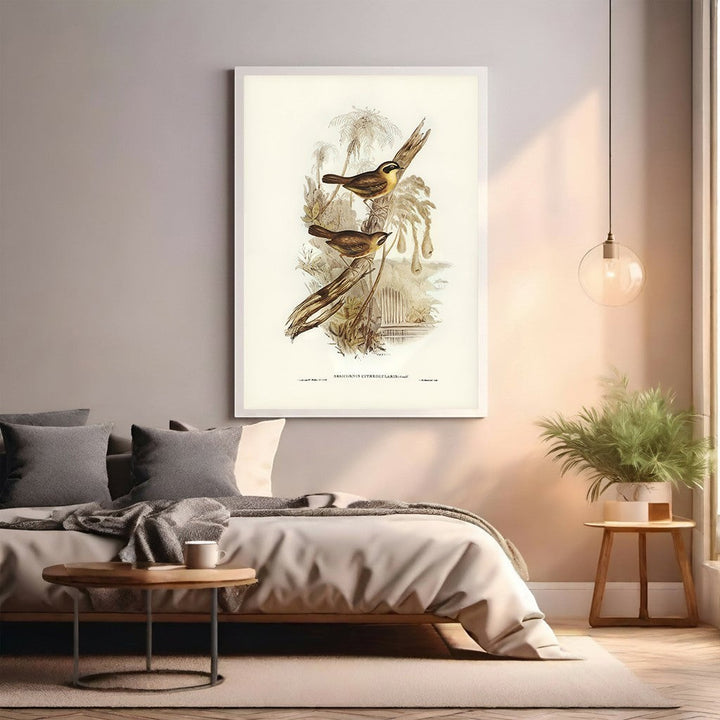 Wadi Home Vintage Bird Illustration Wall Art featuring three detailed birds on branches, natural colors, antique style.