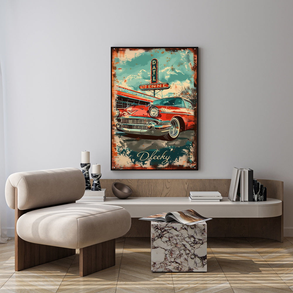 Wadi Home vintage red car diner wall art with distressed finish and vibrant colors, evoking a retro aesthetic.