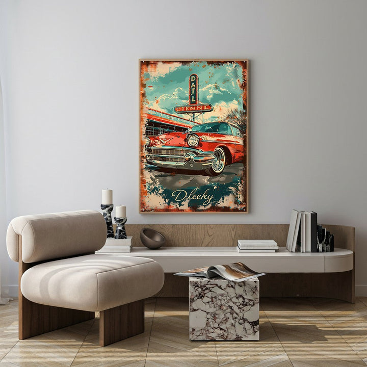 Wadi Home vintage red car diner wall art with distressed finish and vibrant colors, evoking retro charm.