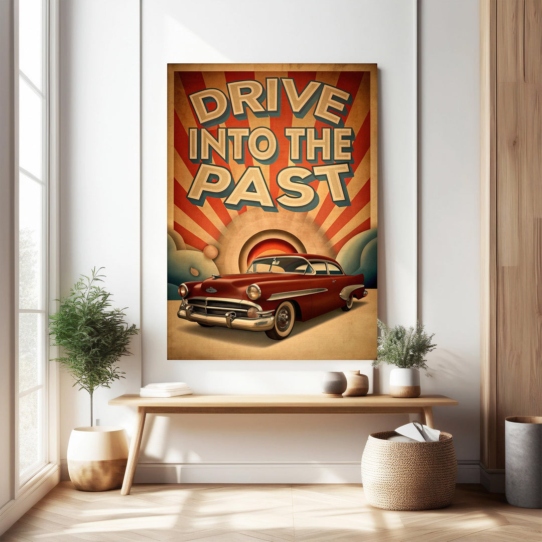 Wadi Home vintage car poster featuring a cherry-red classic automobile with