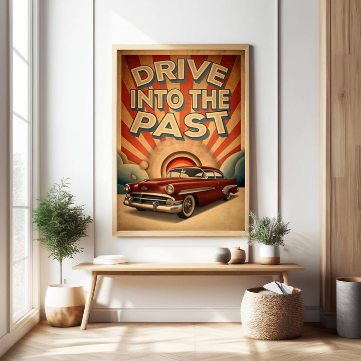 Wadi Home vintage car poster featuring a cherry-red classic automobile against a retro sunburst background. Text reads "Drive Into The Past".