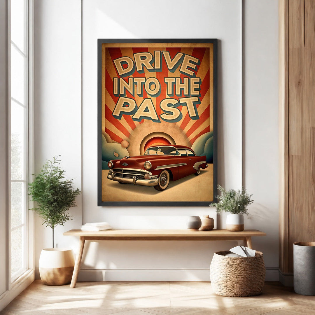 Wadi Home vintage car poster featuring a cherry-red classic automobile against a retro sunburst background with 'Drive Into The Past' text.