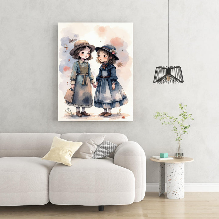 Wadi Home watercolor print of two young girls in vintage dresses and hats holding hands, soft colors, nostalgic innocence.