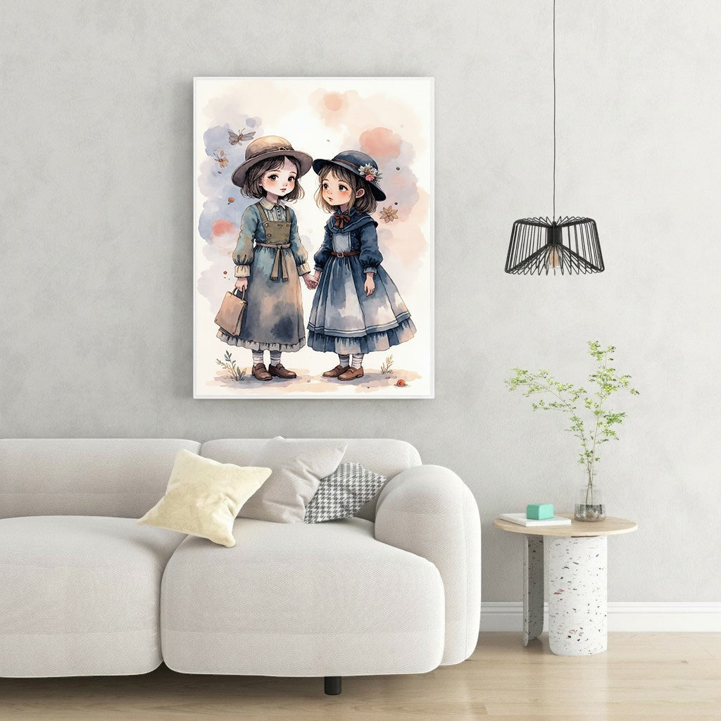 Wadi Home watercolor print of two young girls in vintage dresses and hats holding hands, soft colors, nostalgic.