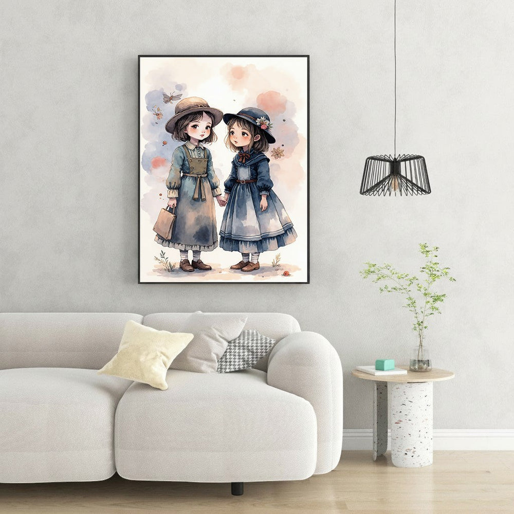 Wadi Home watercolor print of two young girls in vintage blue dresses and hats holding hands, with butterflies in the background.