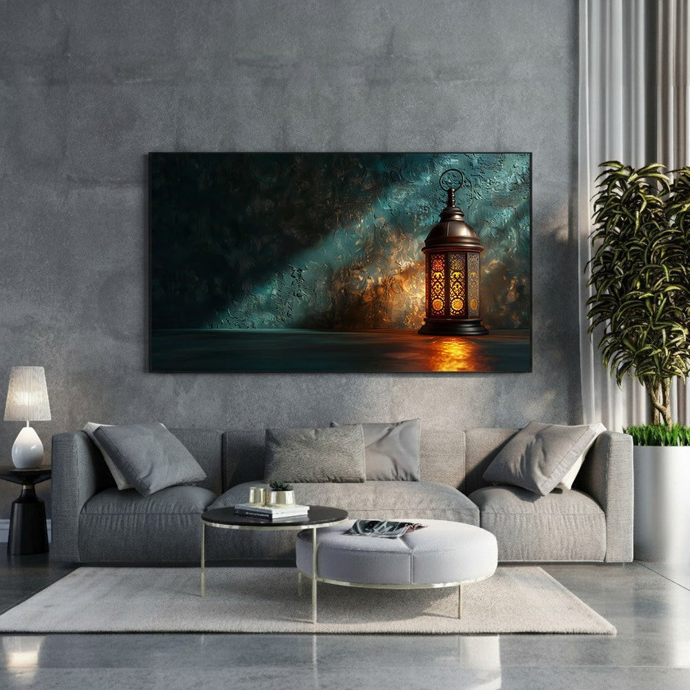 Wadi Home vintage lantern illuminated wall art with warm glow and intricate details, casting dramatic light and shadow.
