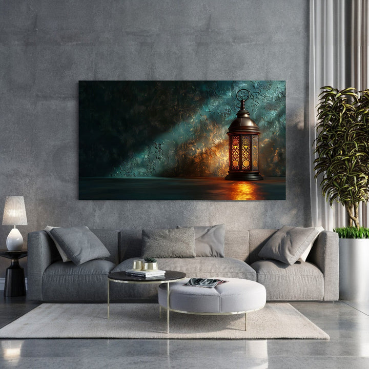 Wadi Home vintage lantern illuminated wall art with intricate details and warm glow, casting dramatic light and shadow.