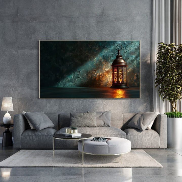 Wadi Home vintage lantern illuminated wall art with warm glow and intricate details, casting dramatic light and shadow.
