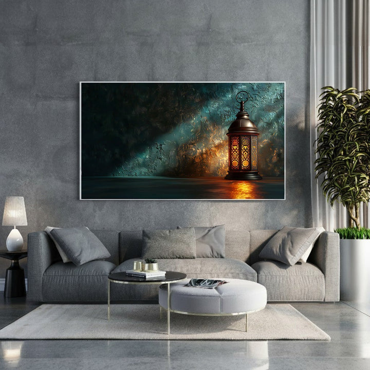 Wadi Home vintage lantern illuminated wall art with warm glow on textured wall.