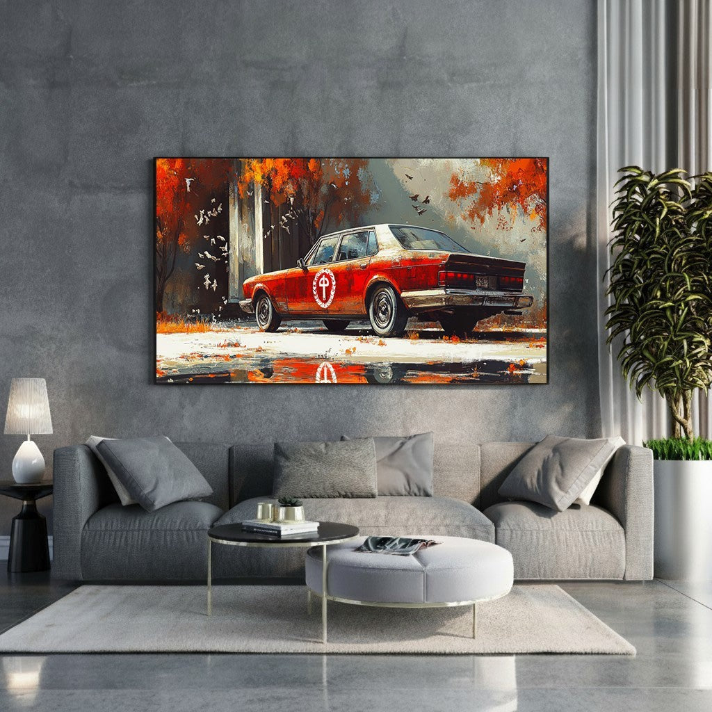 Wadi Home vintage red automobile artwork in autumn landscape with orange and red foliage.