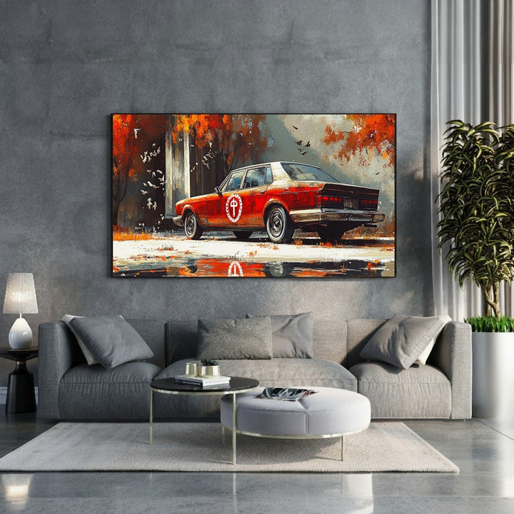 Wadi Home vintage red automobile artwork in autumn landscape with orange and red foliage.
