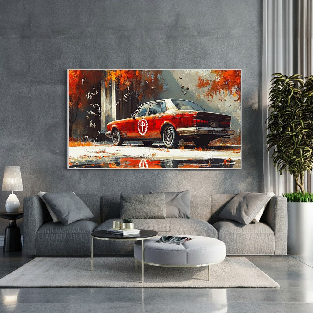 Wadi Home vintage red automobile canvas print in autumn landscape with birds and reflections.