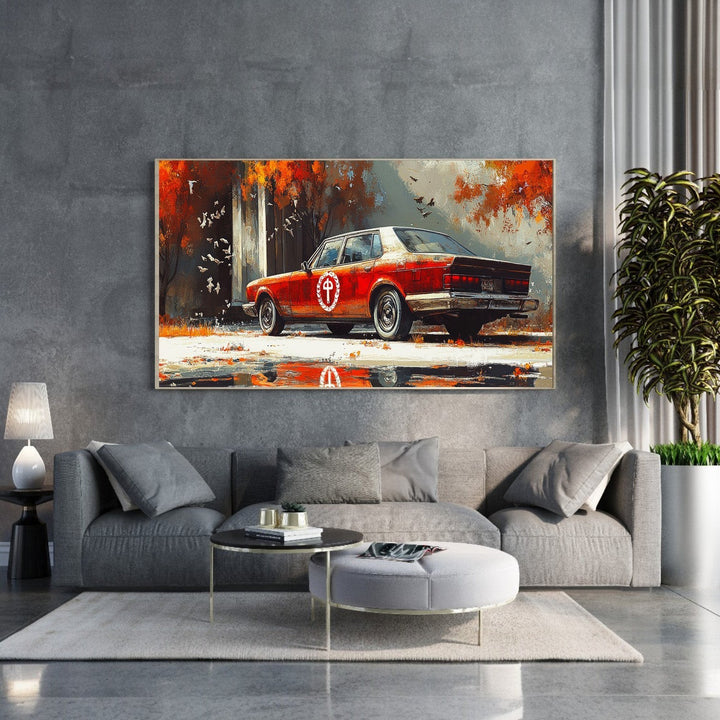 Wadi Home vintage red automobile in autumn landscape canvas print. Features warm fall colors and reflections.