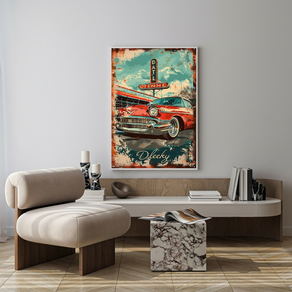 Wadi Home vintage red car diner wall art with distressed finish and vibrant colors, evoking a retro aesthetic.