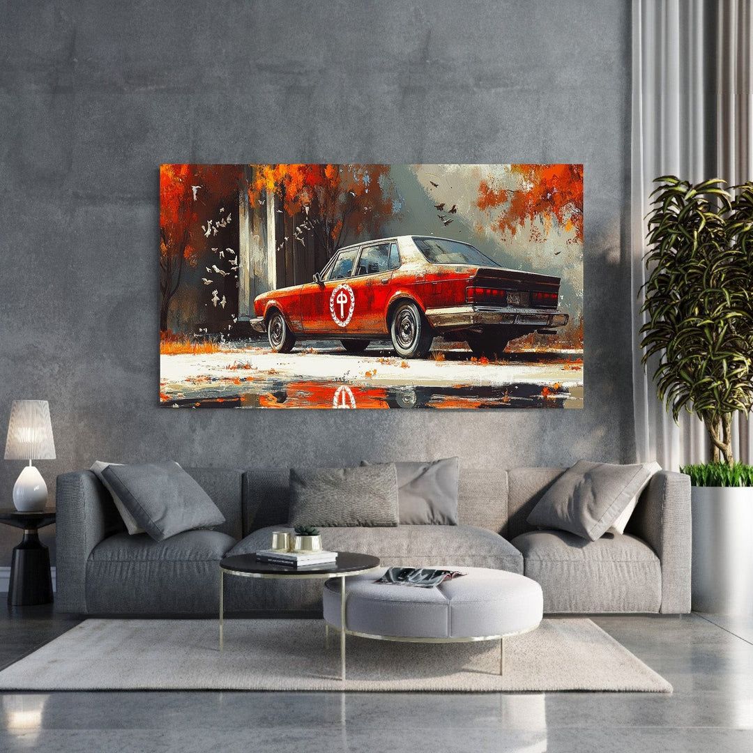 Wadi Home vintage red sedan canvas print with autumn landscape and birds. Artwork features warm fall colors and a classic car.