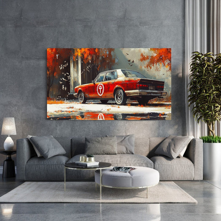 Wadi Home vintage red sedan canvas print with autumn landscape and birds. Artwork features warm fall colors and a classic car.