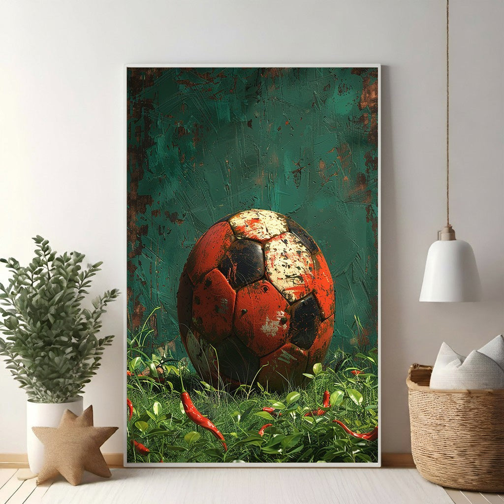 Wadi Home vintage soccer ball art with red chili peppers and green grass. Textured red, black, and white ball.