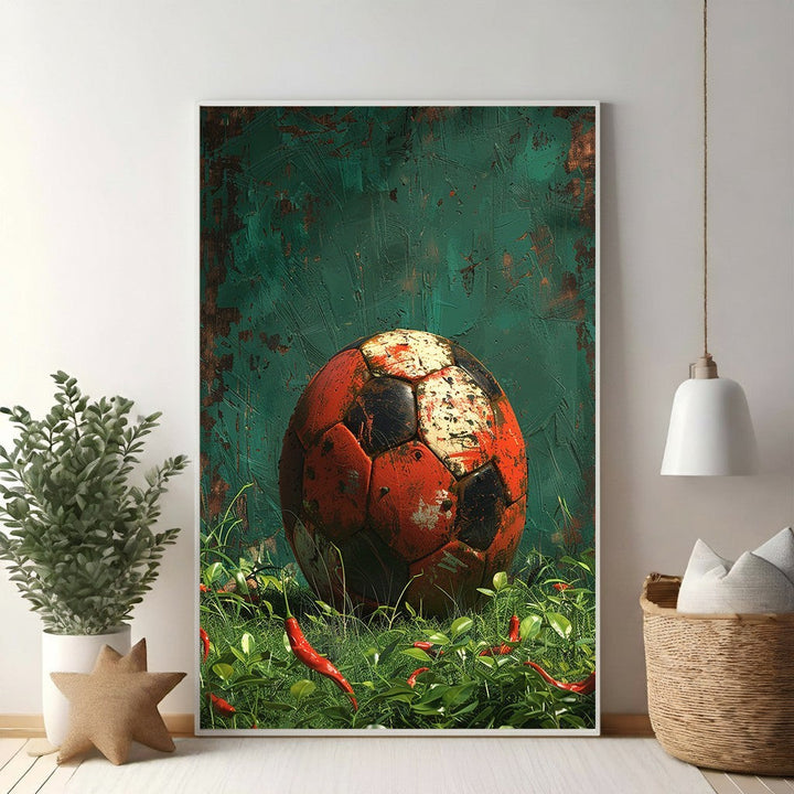 Wadi Home vintage soccer ball art with red chili peppers and green grass. Textured red, black, and white ball.
