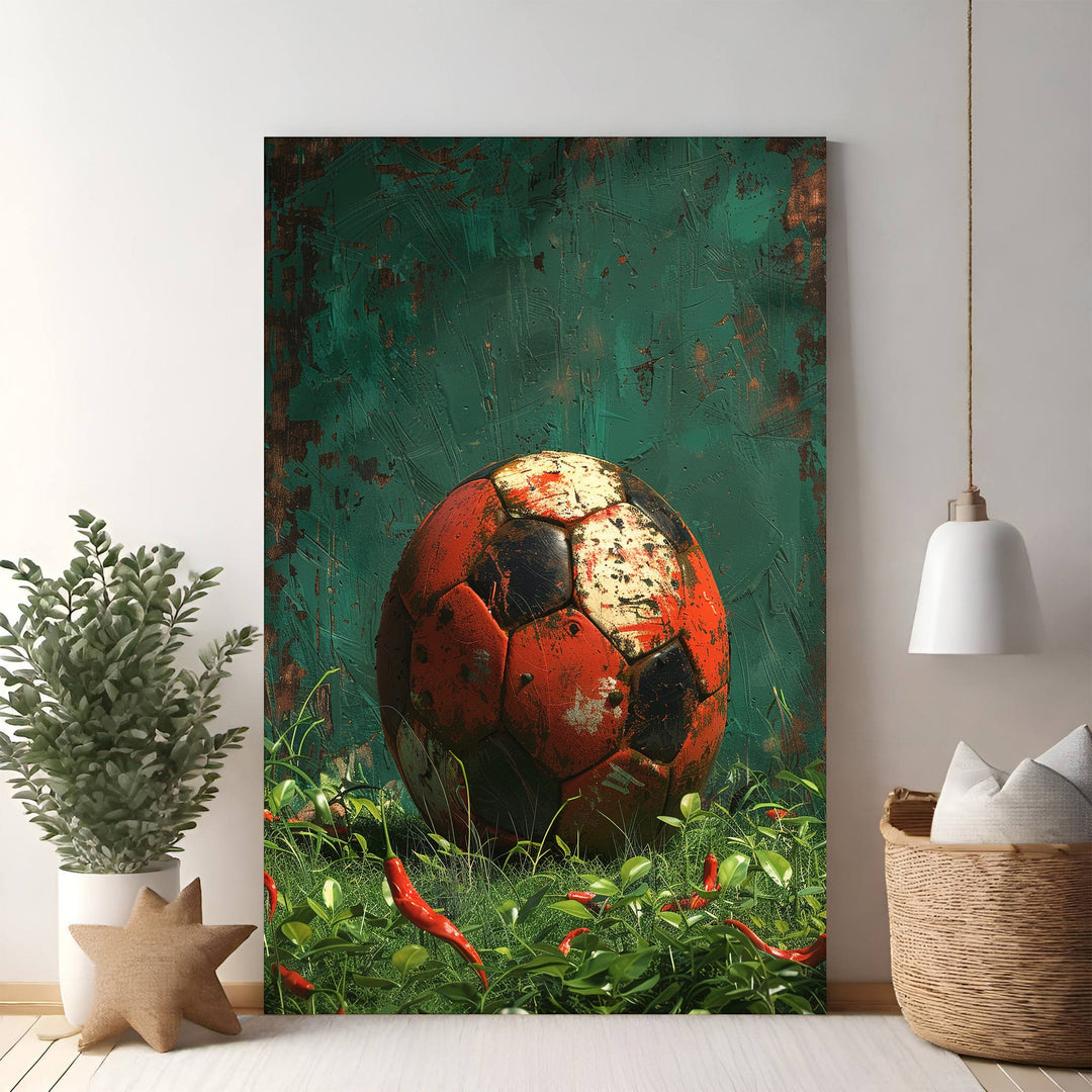 Wadi Home vintage soccer ball art with red and black panels, surrounded by green grass and red chili peppers.