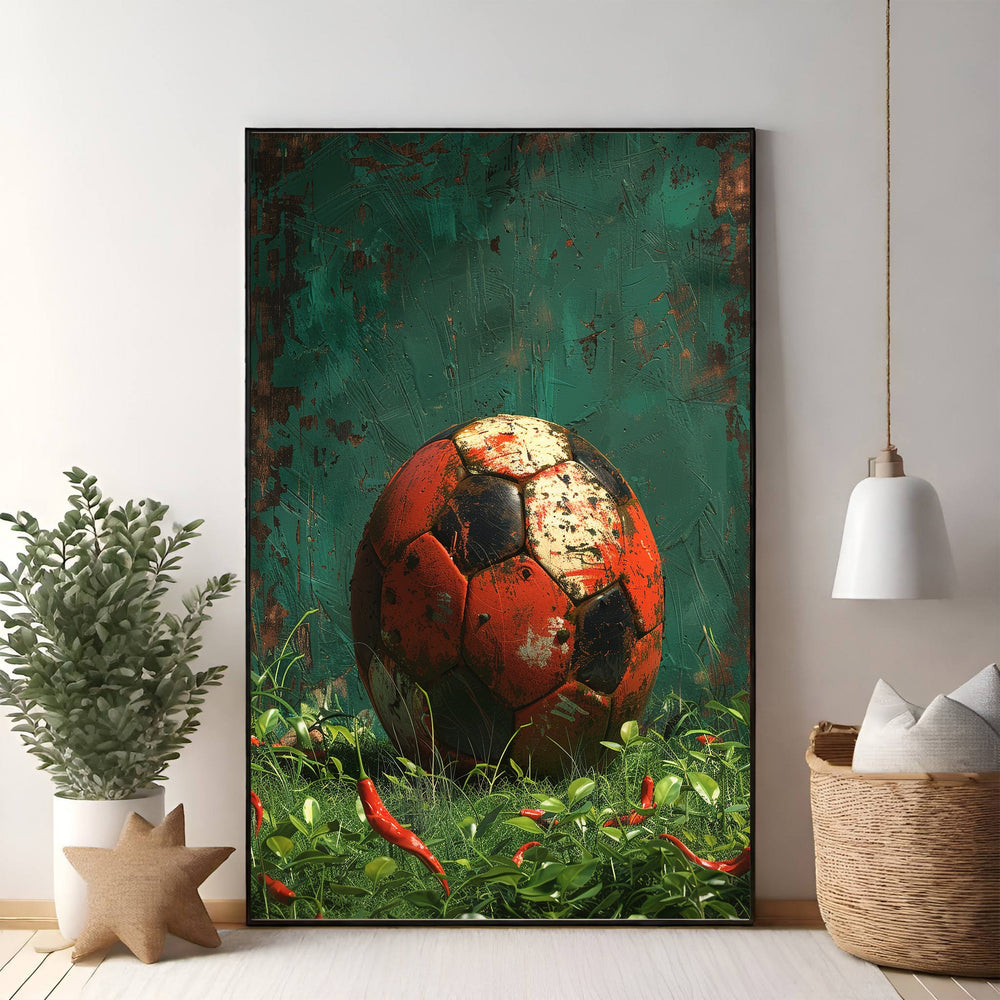 Wadi Home vintage soccer ball art with red and black panels, surrounded by green grass and red chili peppers.