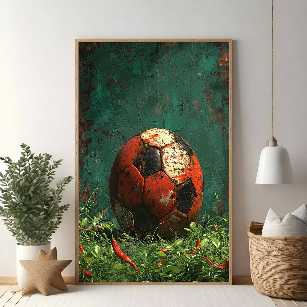 Wadi Home vintage soccer ball art with red and black panels, surrounded by green grass and red chili peppers.