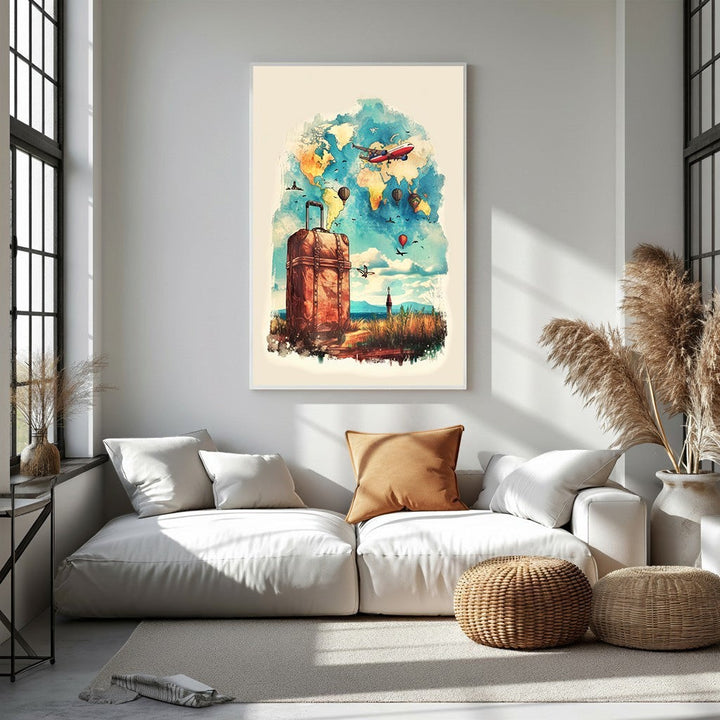 Wadi Home Vintage World Traveler Suitcase Wall Art featuring a vintage suitcase against a world map with hot air balloons and a plane.
