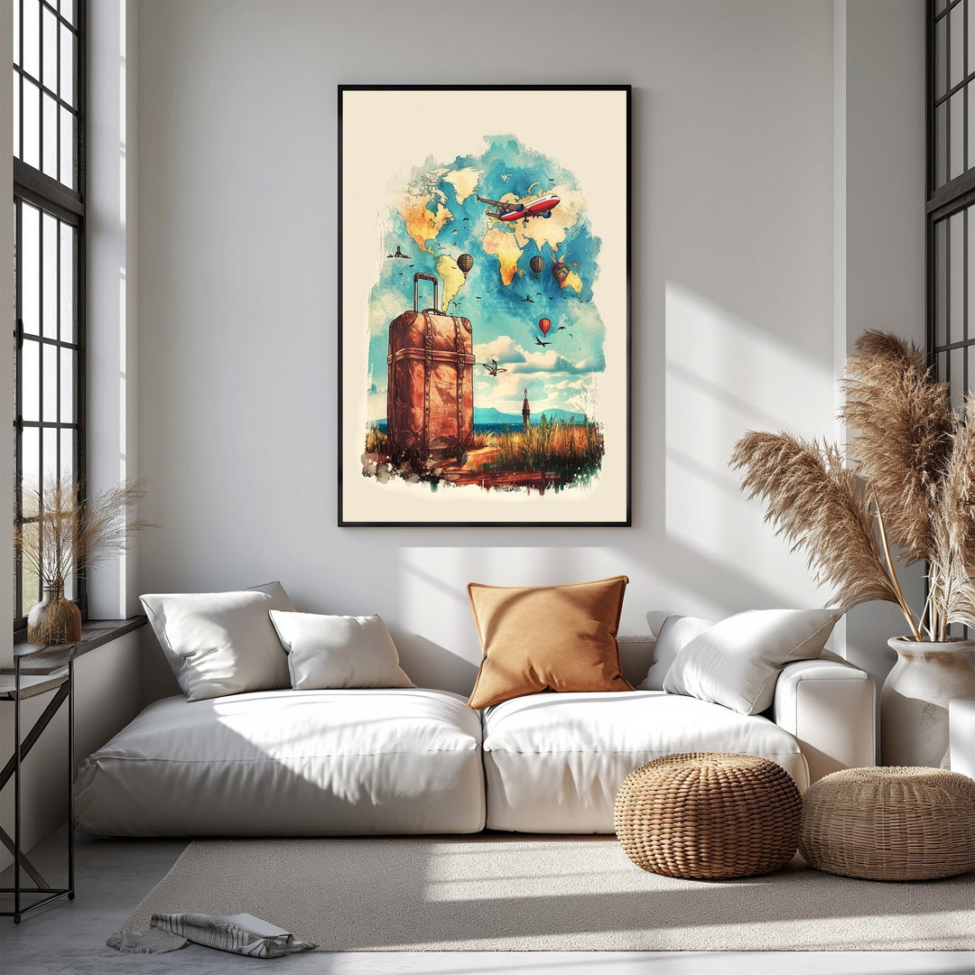 Wadi Home Vintage World Traveler Suitcase Wall Art with world map, hot air balloons, and airplane.