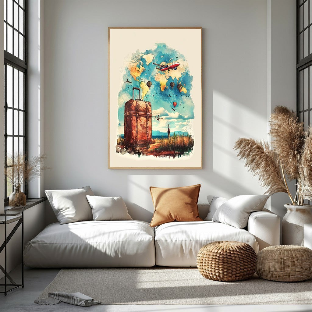 Wadi Home Vintage World Traveler Suitcase Wall Art with a vintage suitcase, world map, hot air balloons, and airplane.