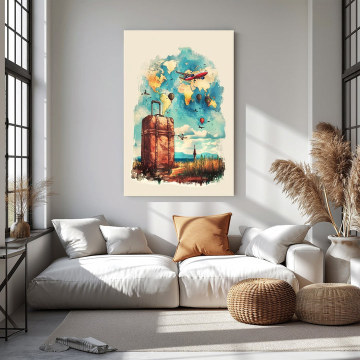 Wadi Home vintage suitcase wall art with world map, hot air balloons, and airplane. Evokes travel and adventure.