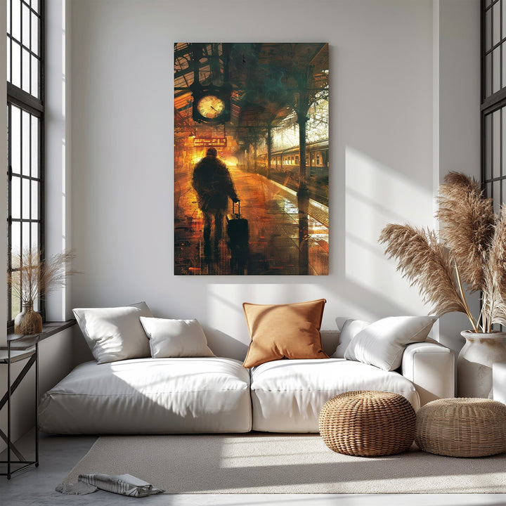Wadi Home vintage train station wall art with a silhouetted figure and luggage, featuring a clock and warm, atmospheric lighting.
