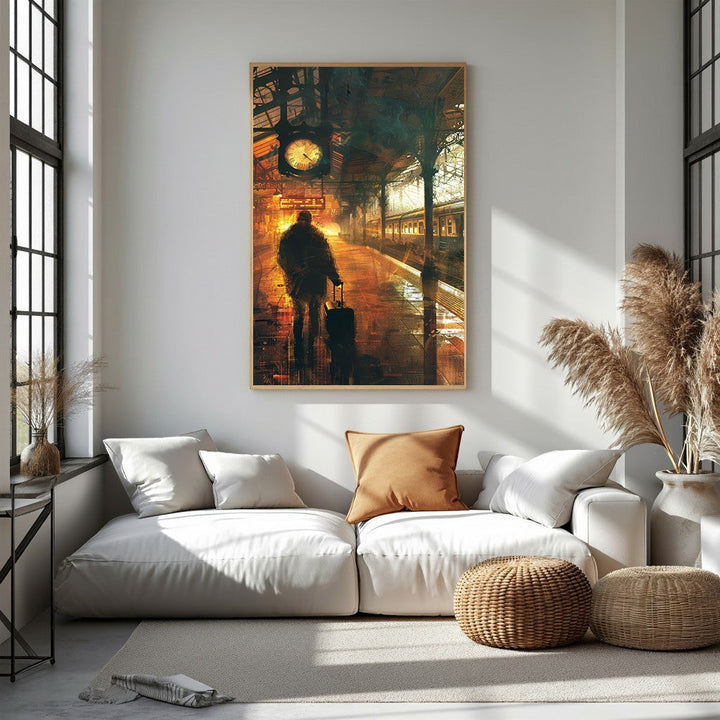 Wadi Home vintage train station wall art with a silhouetted figure and luggage, featuring a clock and warm lighting.