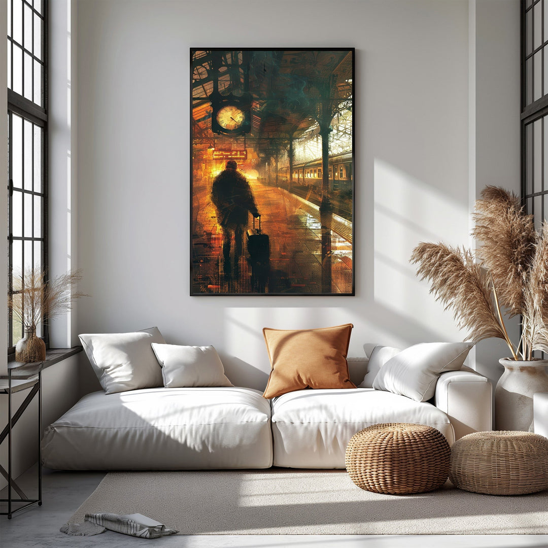 Wadi Home vintage train station wall art print of a silhouetted figure with luggage on a platform under a clock.