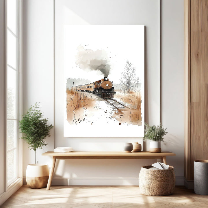 Wadi Home vintage train watercolor art print, featuring a steam engine with smoke billowing, set against a rustic, snowy landscape.