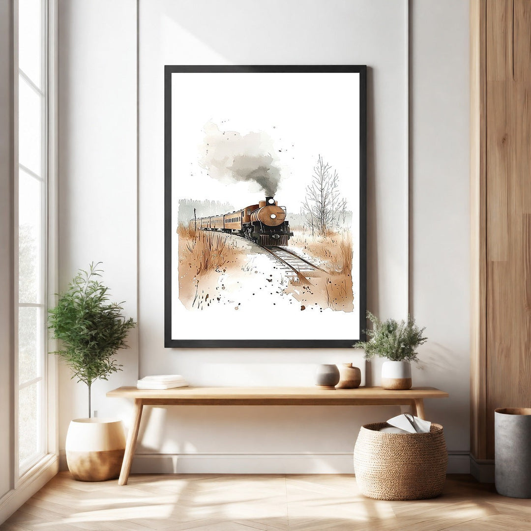Wadi Home vintage train watercolor wall art, sepia tones, steam engine on tracks through a rustic landscape.