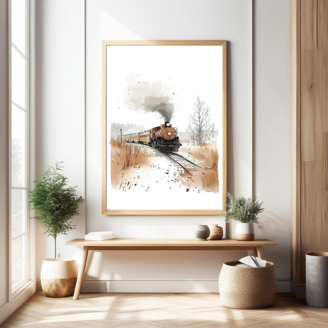 Wadi Home vintage train watercolor wall art, steam engine chugging through a rustic landscape with warm, earthy tones.