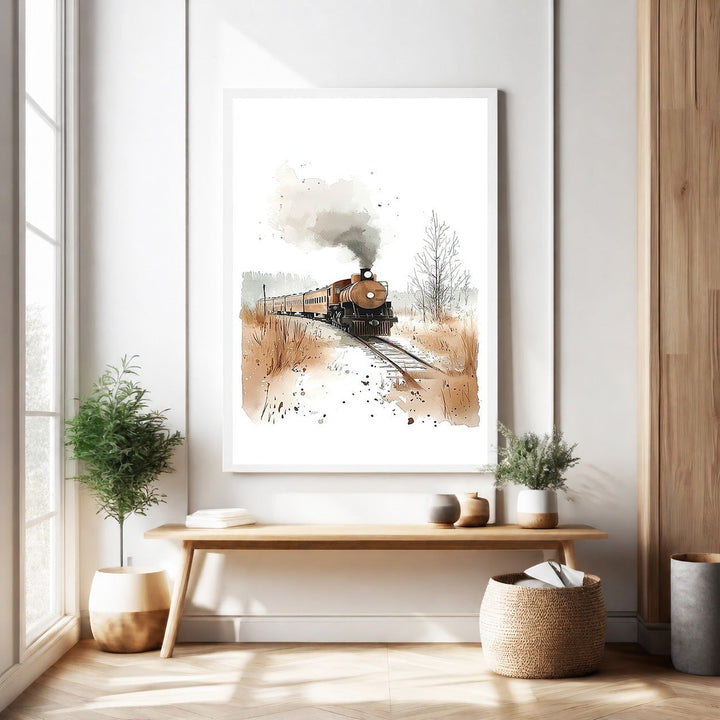 Wadi Home vintage train watercolor wall art, steam engine chugging through a rustic landscape with warm, earthy tones.