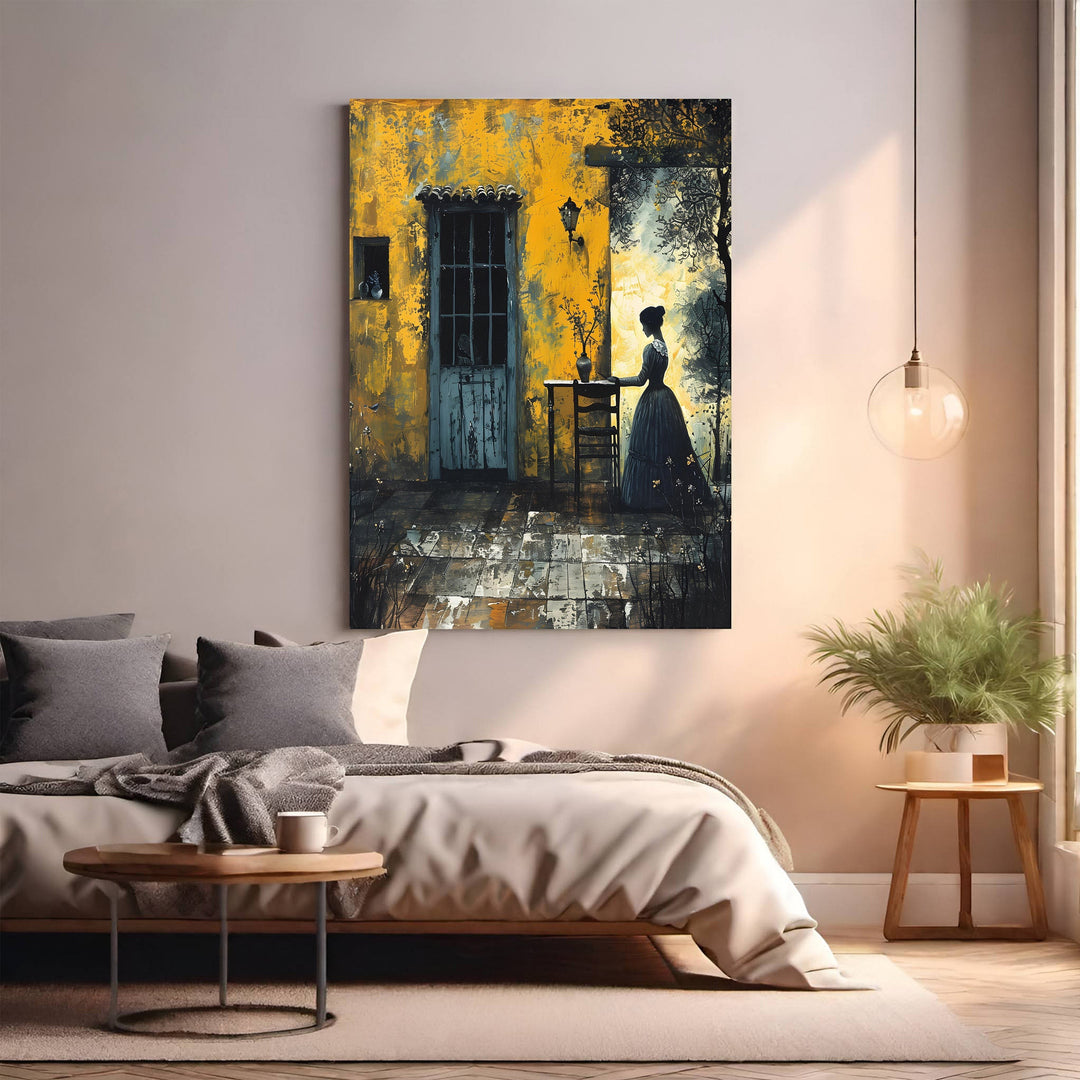 Wadi Home vintage woman by doorway textured yellow and blue wall art