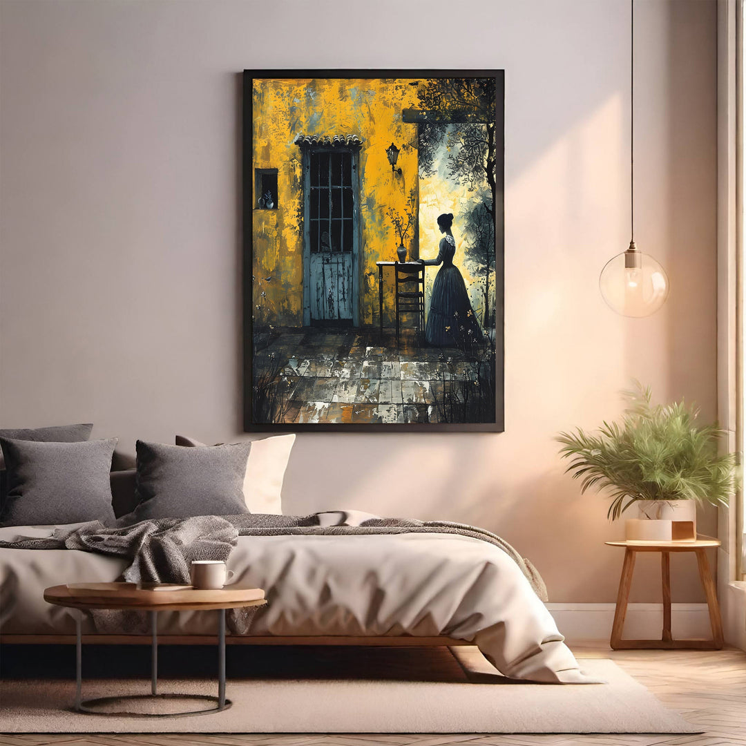 Wadi Home vintage woman by doorway wall art, textured yellow and blue hues, framed artwork.