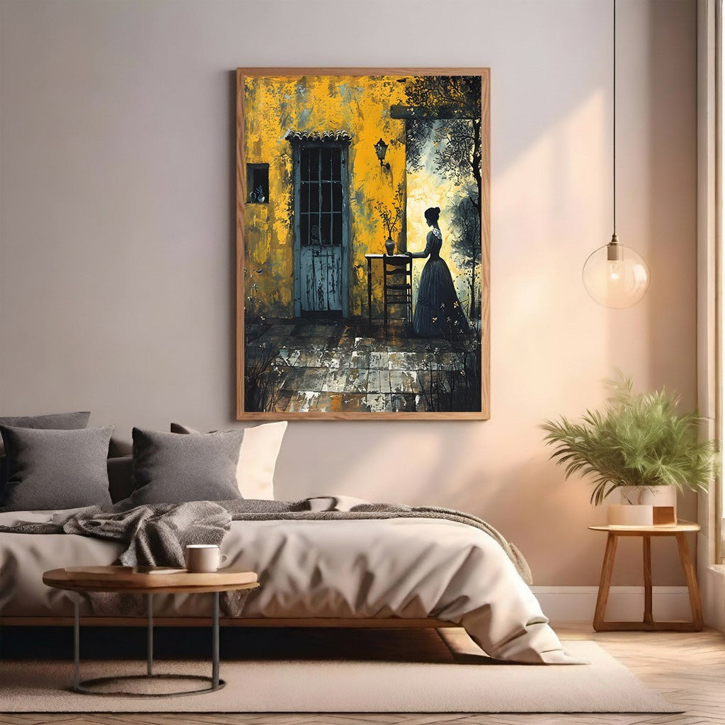 Wadi Home vintage woman wall art, textured yellow and blue hues, woman in dark dress by doorway.