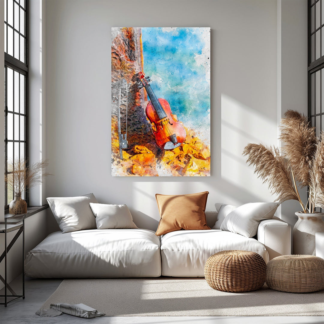Wadi Home watercolor wall art of a violin with autumn leaves against a blue sky.