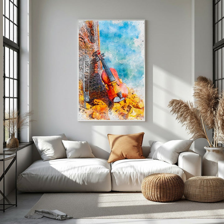Wadi Home watercolor wall art of a violin and autumn leaves against a blue sky.