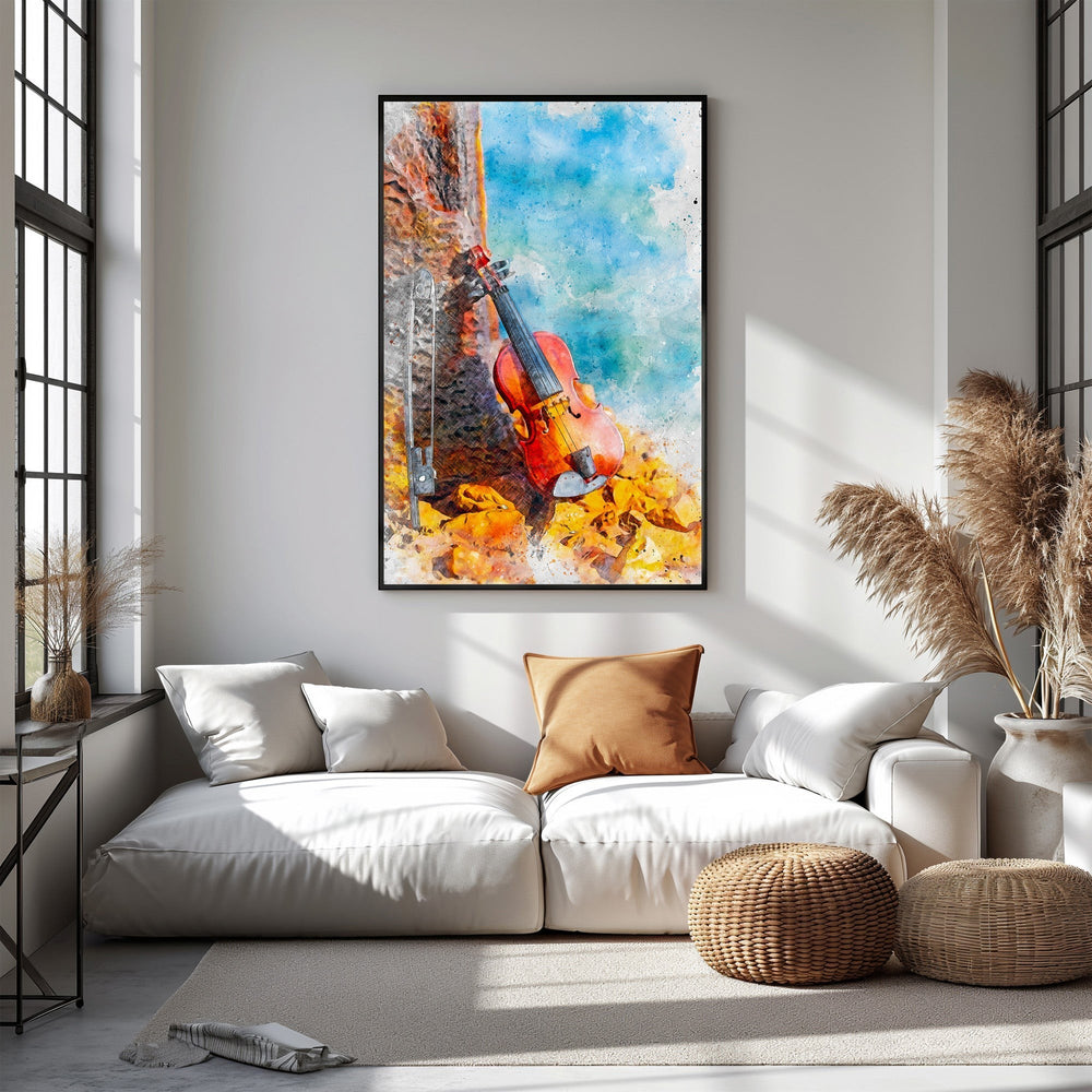 Wadi Home violin and autumn leaves watercolor wall art with blue sky background.