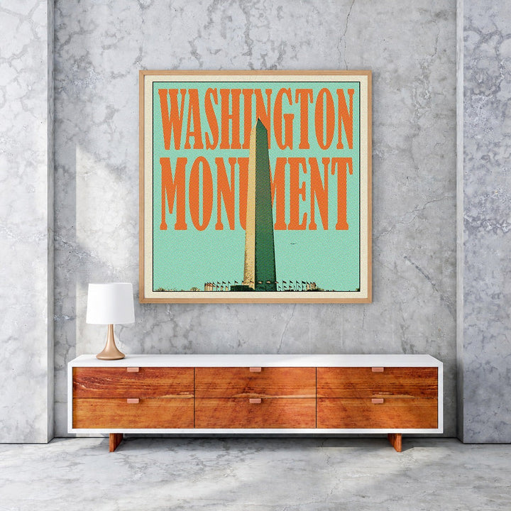 Wadi Home Washington Monument vintage poster with orange lettering and teal background, framed art for home decor.