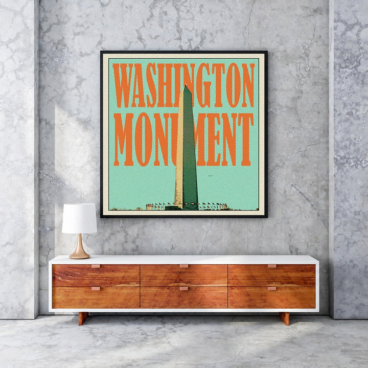 Wadi Home Washington Monument vintage poster with orange lettering and teal background, framed art for home decor.