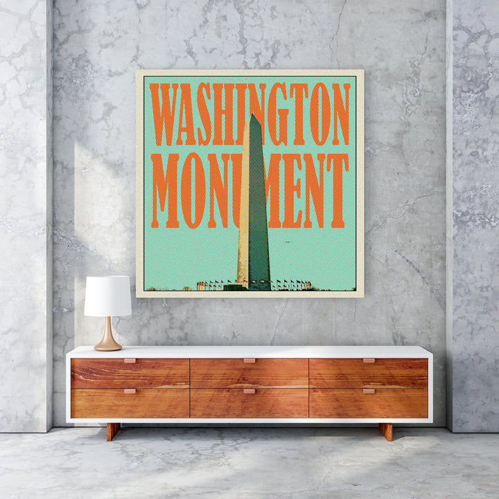 Wadi Home Washington Monument vintage poster with orange text and teal background, featuring a stylized obelisk and flags.