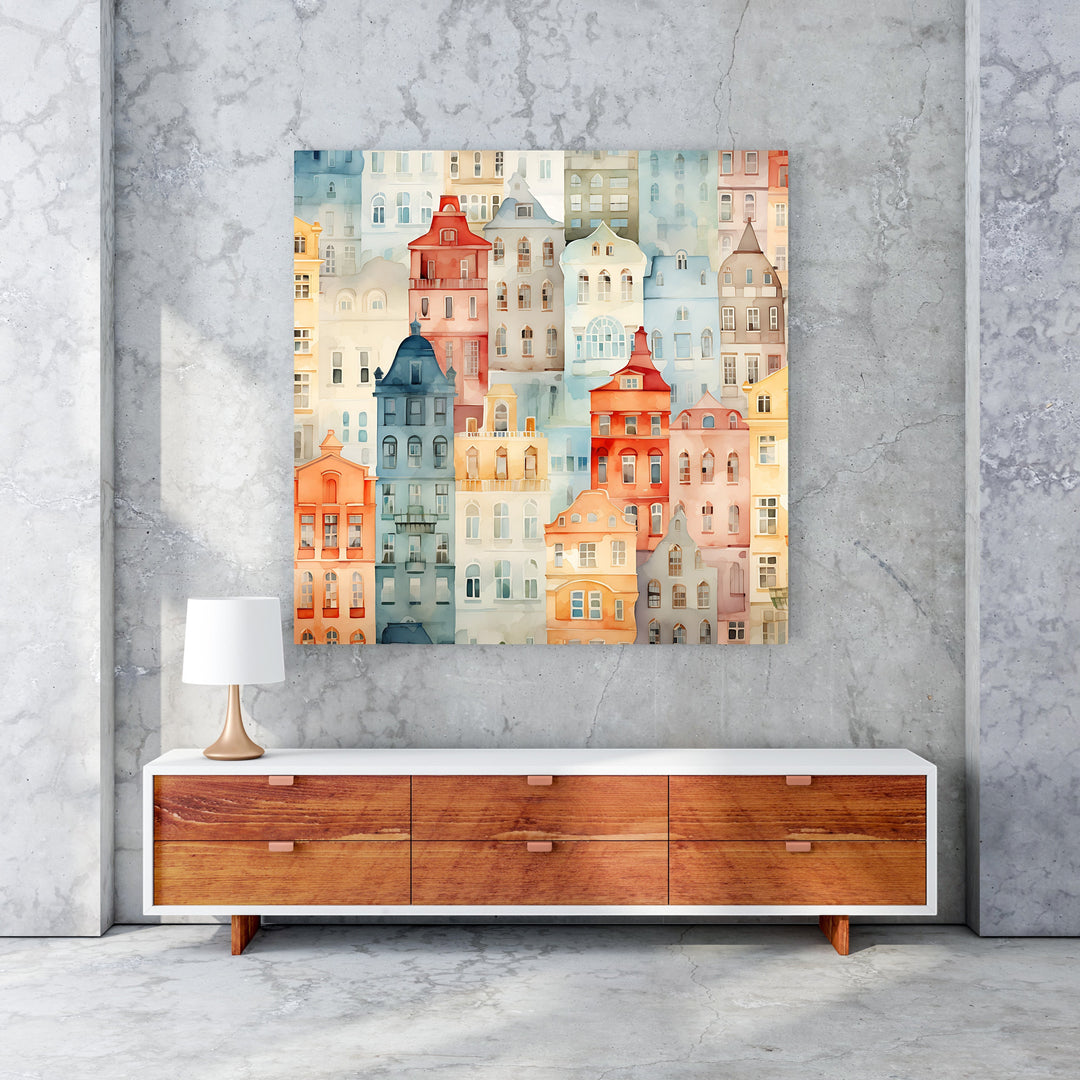 Wadi Home watercolor cityscape wall art featuring colorful European buildings in a soft, artistic style. Adds charm and sophistication.