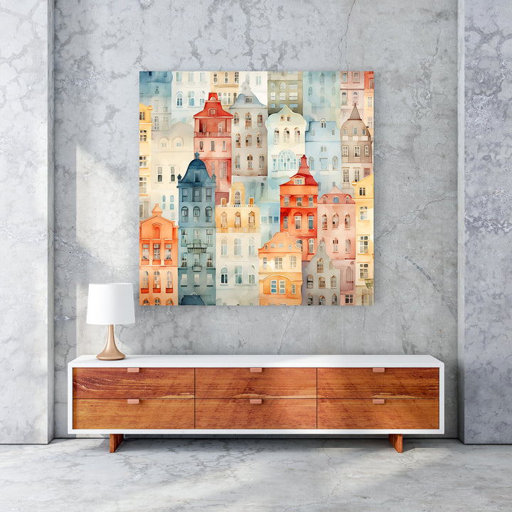 Wadi Home watercolor cityscape wall art featuring colorful European buildings in a soft, artistic style. Adds charm and sophistication.