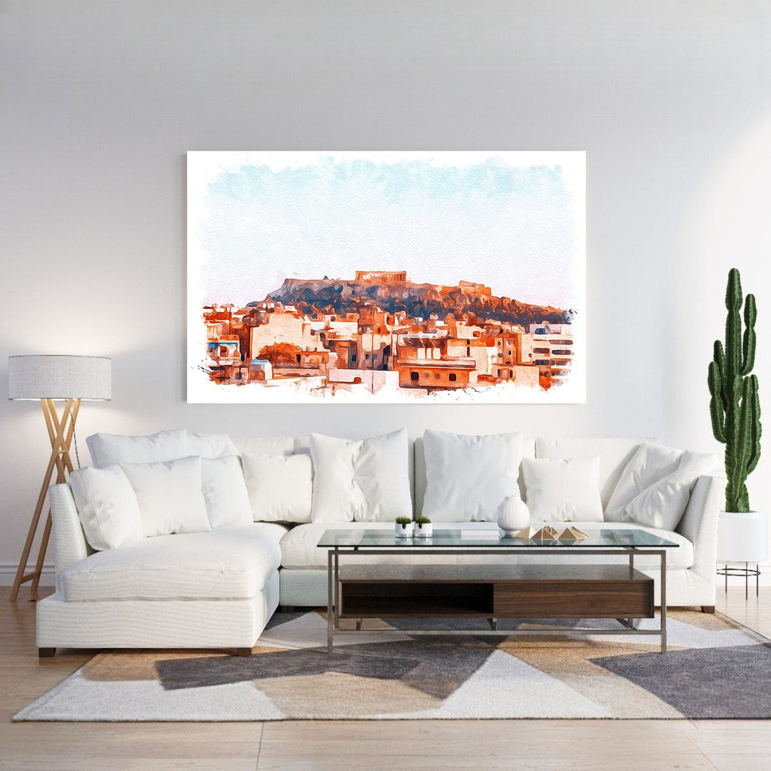Wadi Home watercolor cityscape wall art featuring historic architecture in warm sunlight, with a dreamy, inviting atmosphere.