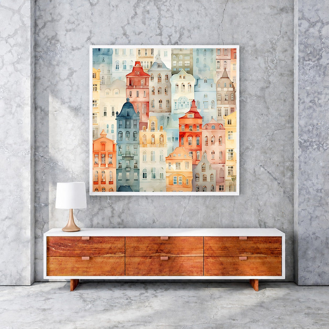 Wadi Home watercolor cityscape wall art featuring colorful European buildings in a playful, artistic style.
